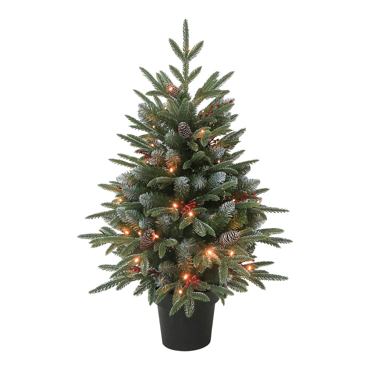 3ft Slim Blitzen Warm white LED Potted Pre-lit Frosted effect Artificial Christmas tree - Green