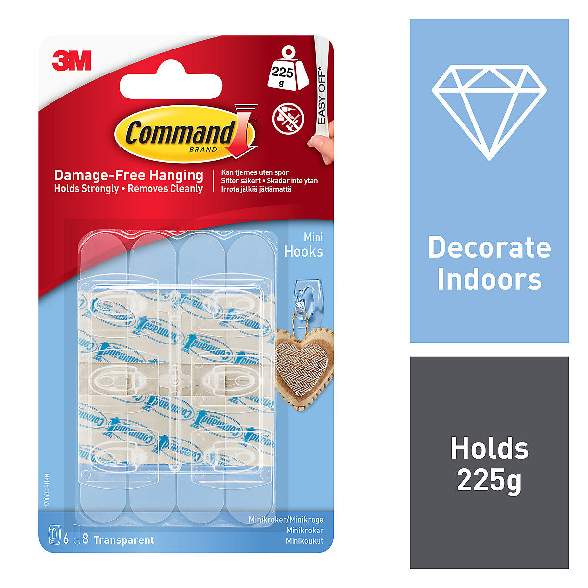 3M Command Mini Clear Hook (Holds)225g, Pack of 6
