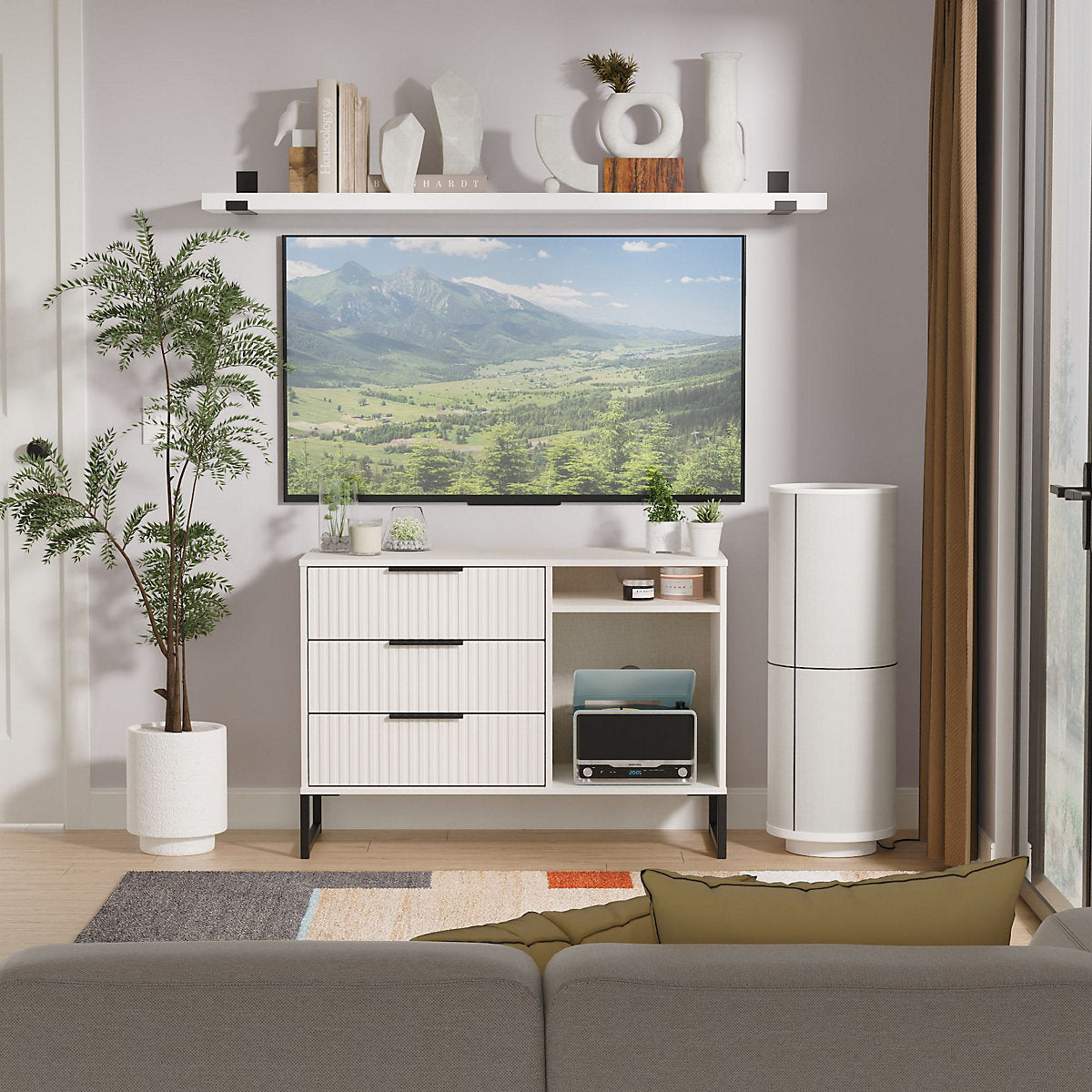 Ancona Matt kashmir TV stand with 2 shelves & 3 drawers, (H)68.3cm x (W)96.8cm x (D)39.2cm