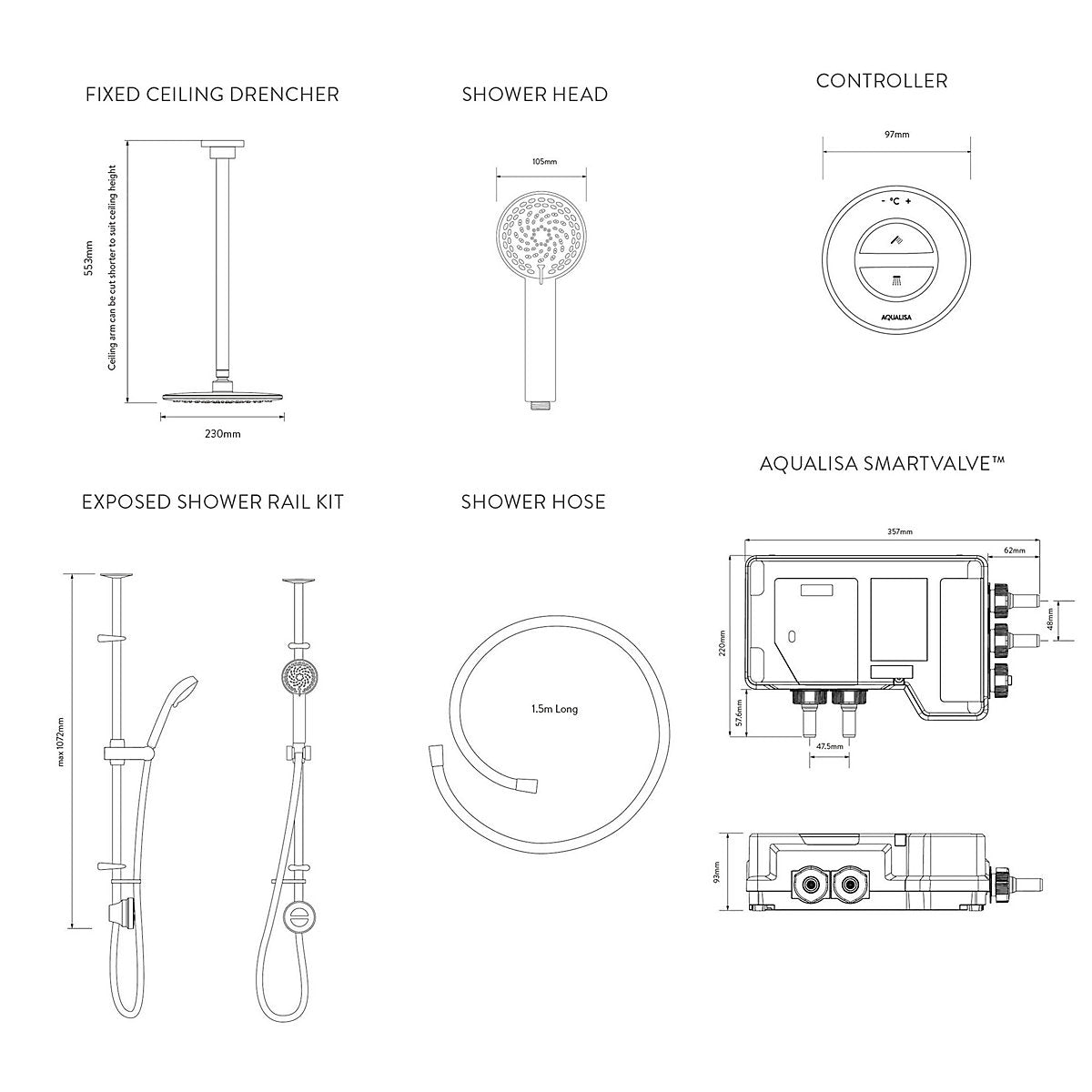 Aqualisa Smart Link HP/Combi Ceiling fed Smart Digital 4-spray pattern Shower with Adjustable head
