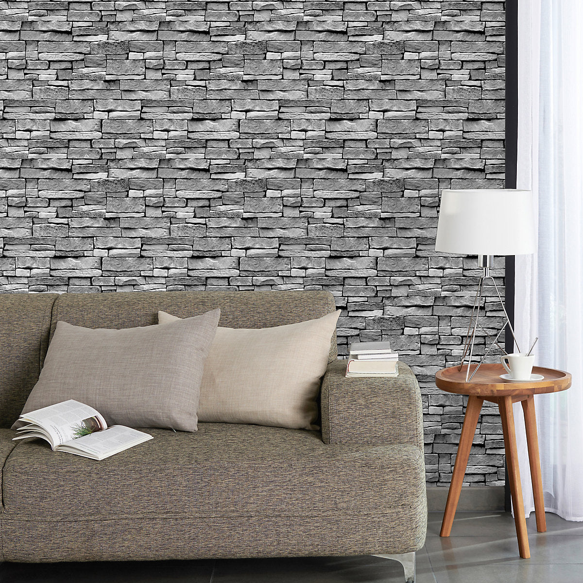 Arrou Grey Stone effect Brick Smooth Wallpaper Sample
