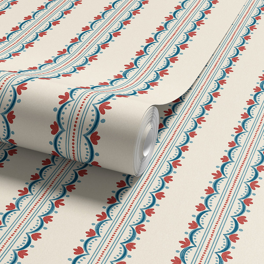 Arthouse Cream, Red & Blue Bloom Stripe Classic Smooth Wallpaper