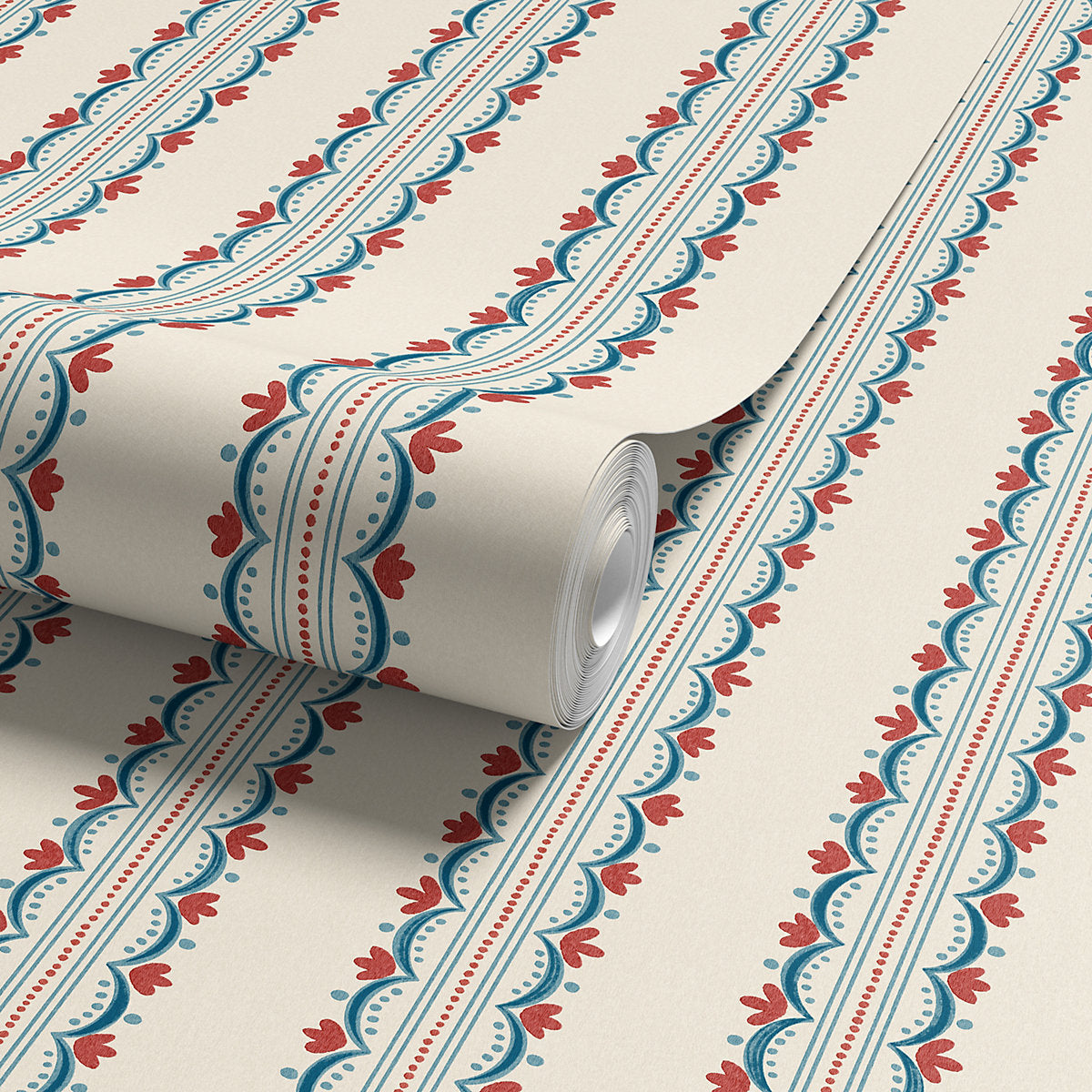 Arthouse Cream, Red & Blue Bloom Stripe Classic Smooth Wallpaper
