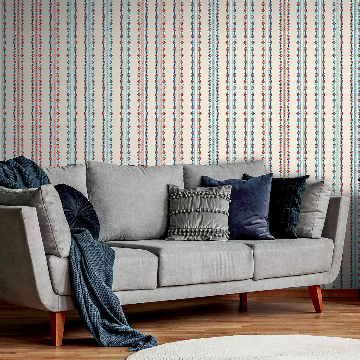 Arthouse Cream, Red & Blue Bloom Stripe Classic Smooth Wallpaper