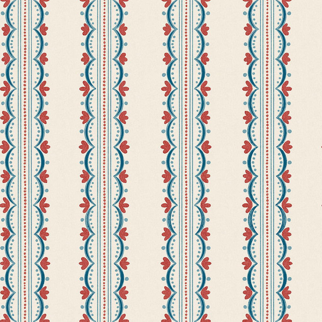Arthouse Cream, Red & Blue Bloom Stripe Classic Smooth Wallpaper