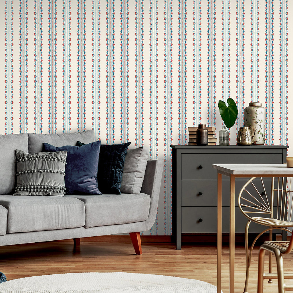 Arthouse Cream, Red & Blue Bloom Stripe Classic Smooth Wallpaper