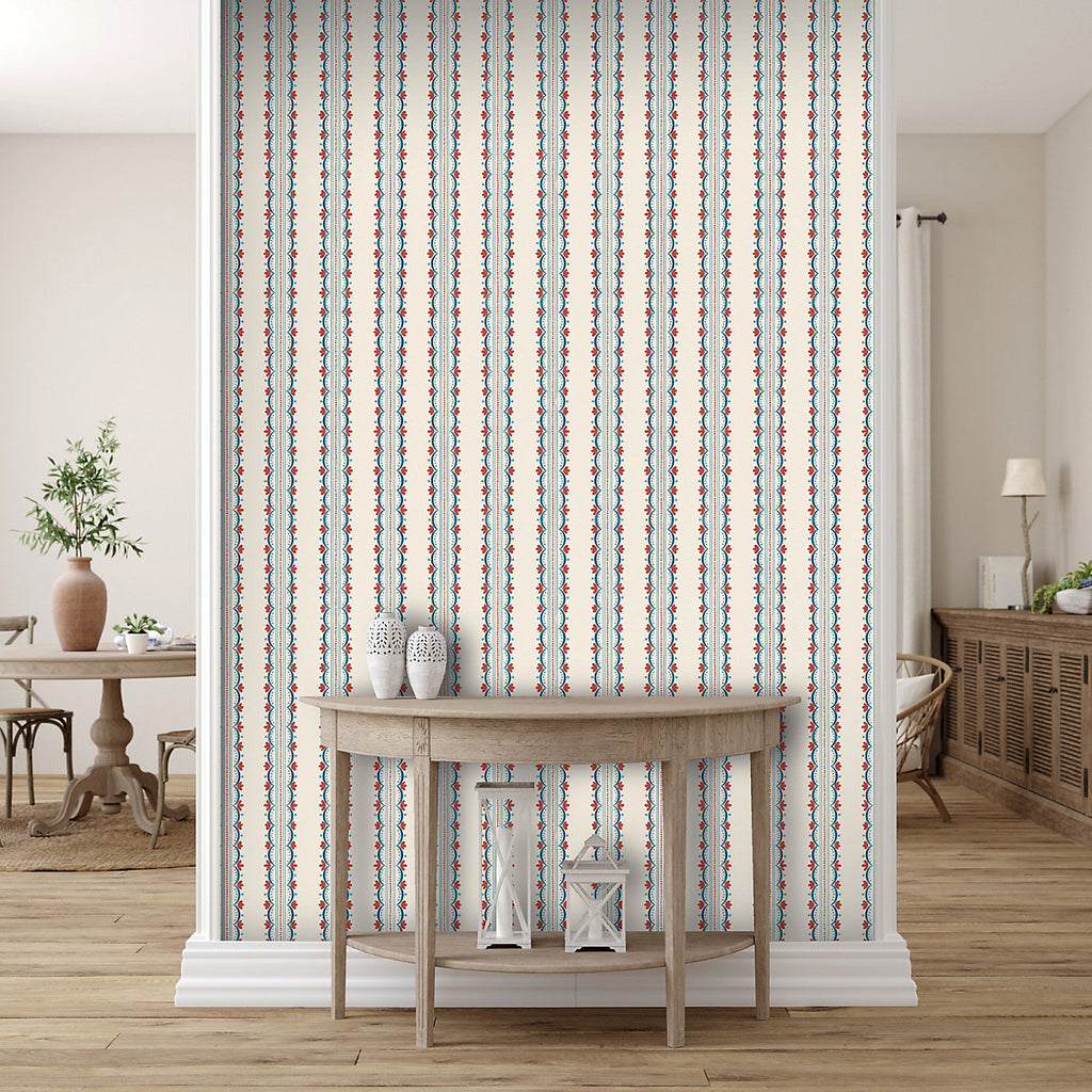 Arthouse Cream, Red & Blue Bloom Stripe Classic Smooth Wallpaper