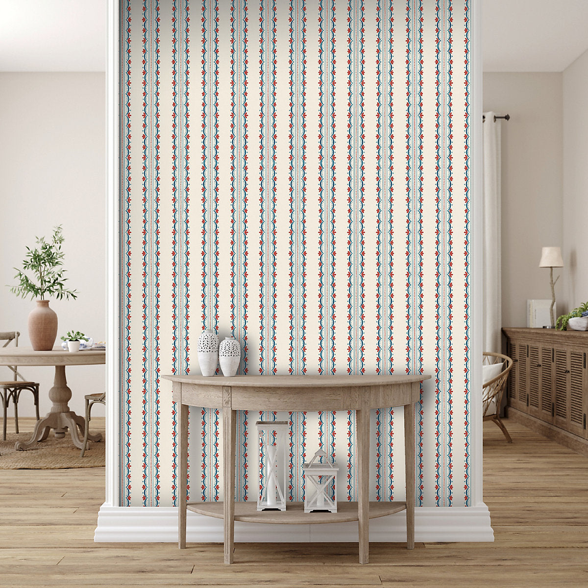 Arthouse Cream, Red & Blue Bloom Stripe Classic Smooth Wallpaper