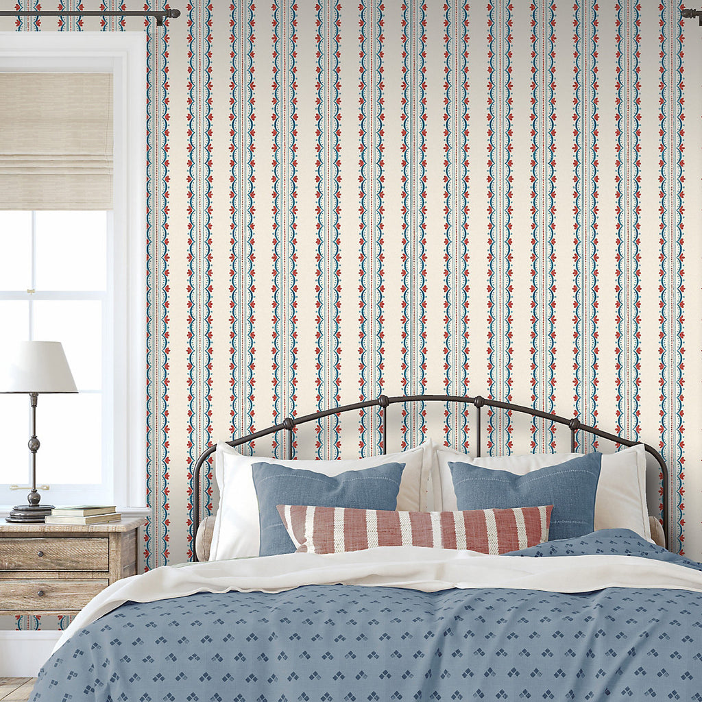 Arthouse Cream, Red & Blue Bloom Stripe Classic Smooth Wallpaper