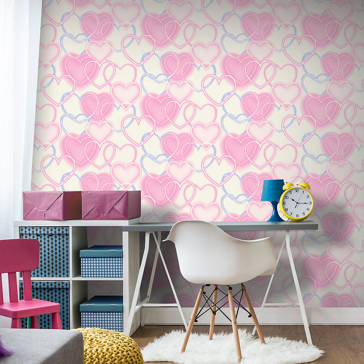 Arthouse Pink Neon Hearts Children's Smooth Wallpaper