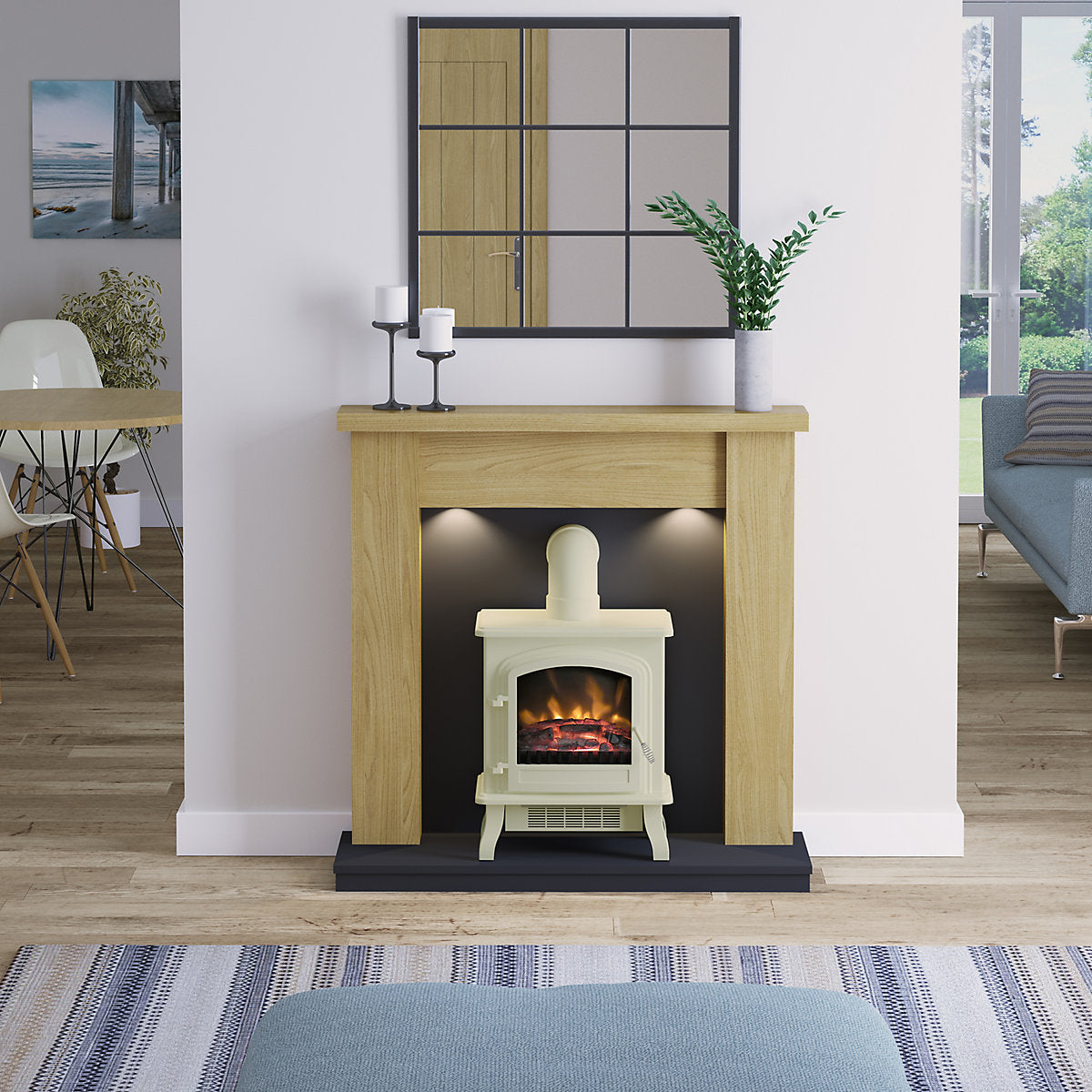Be Modern Attley Black & Natural Oak Fire surround set with lights