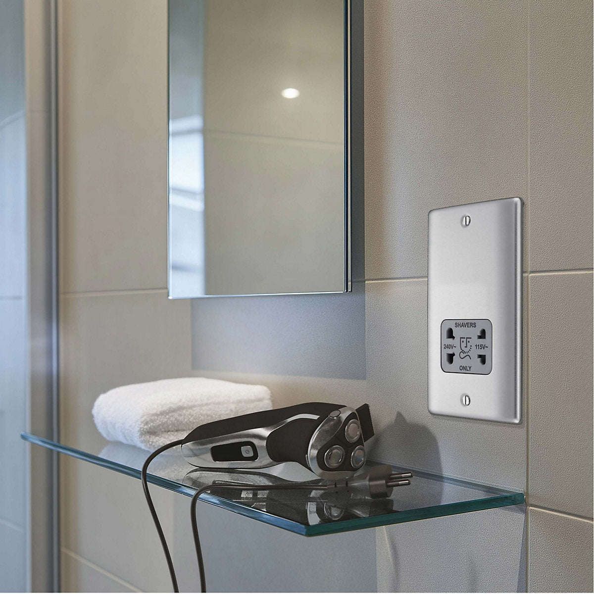 BG Double Raised slim Screwed Shaver socket Matt Steel effect