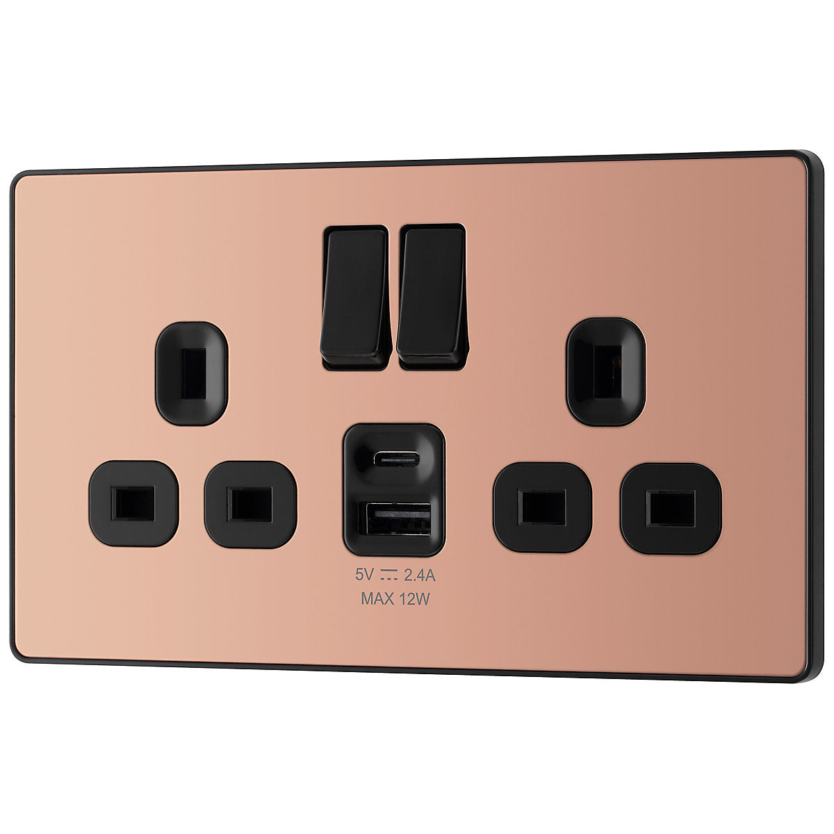 BG Polished Copper Double 13A 12W Raised slim Switched Screwless Socket with USB, x2 & Black inserts