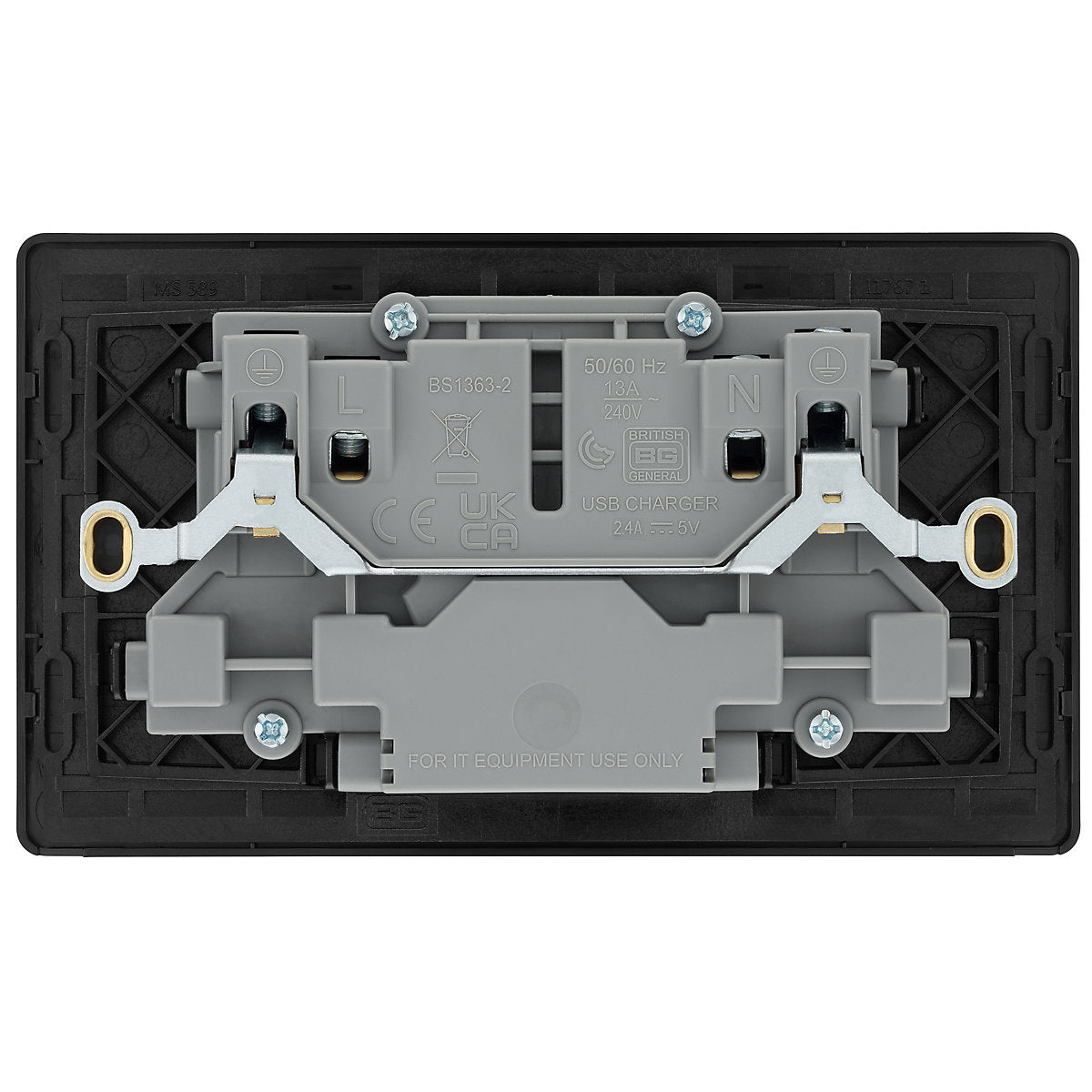 BG Polished Copper Double 13A 12W Raised slim Switched Screwless Socket with USB, x2 & Black inserts