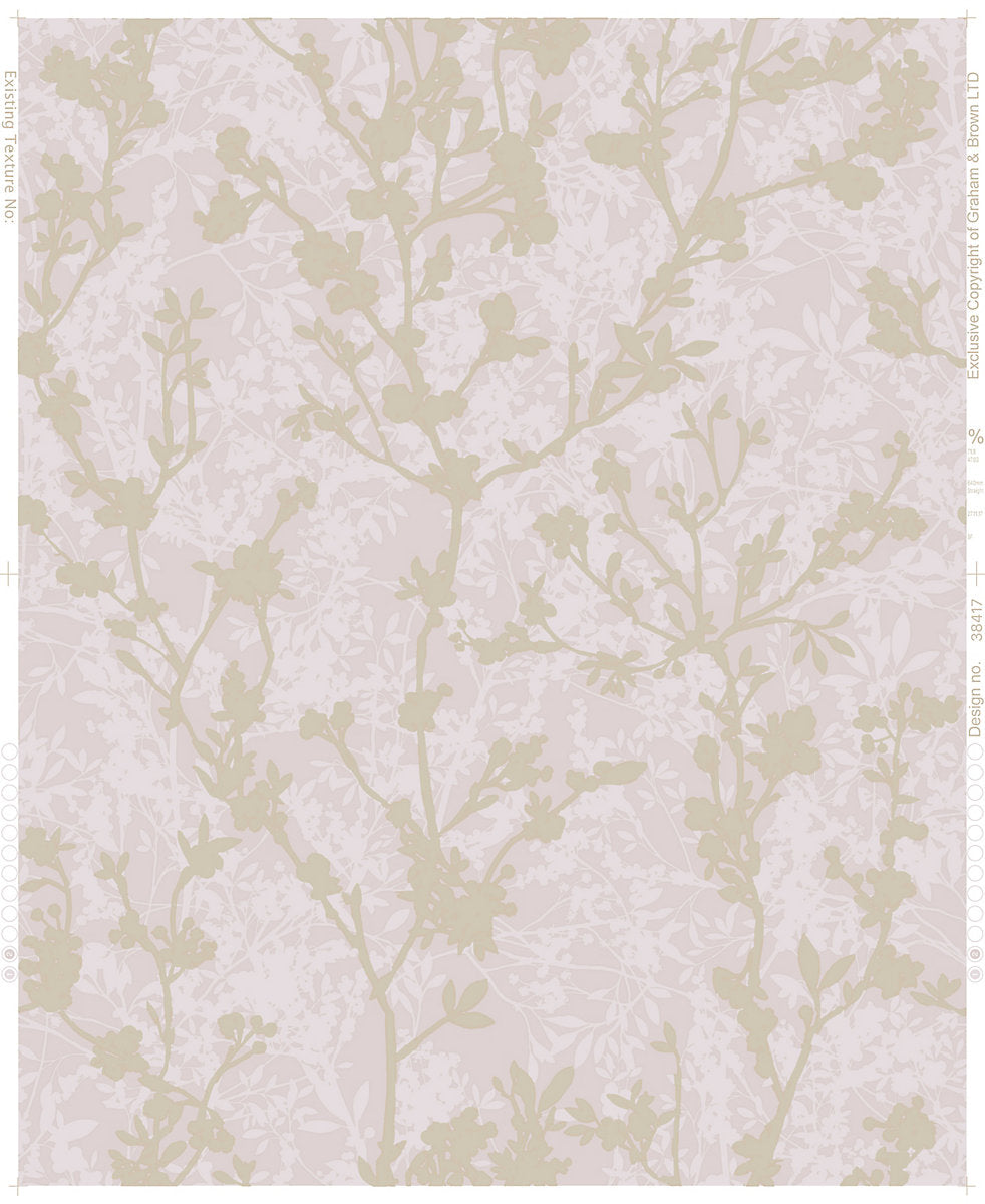 Boutique Silhouette sprig Pink Rose gold effect Floral Embossed Wallpaper Sample