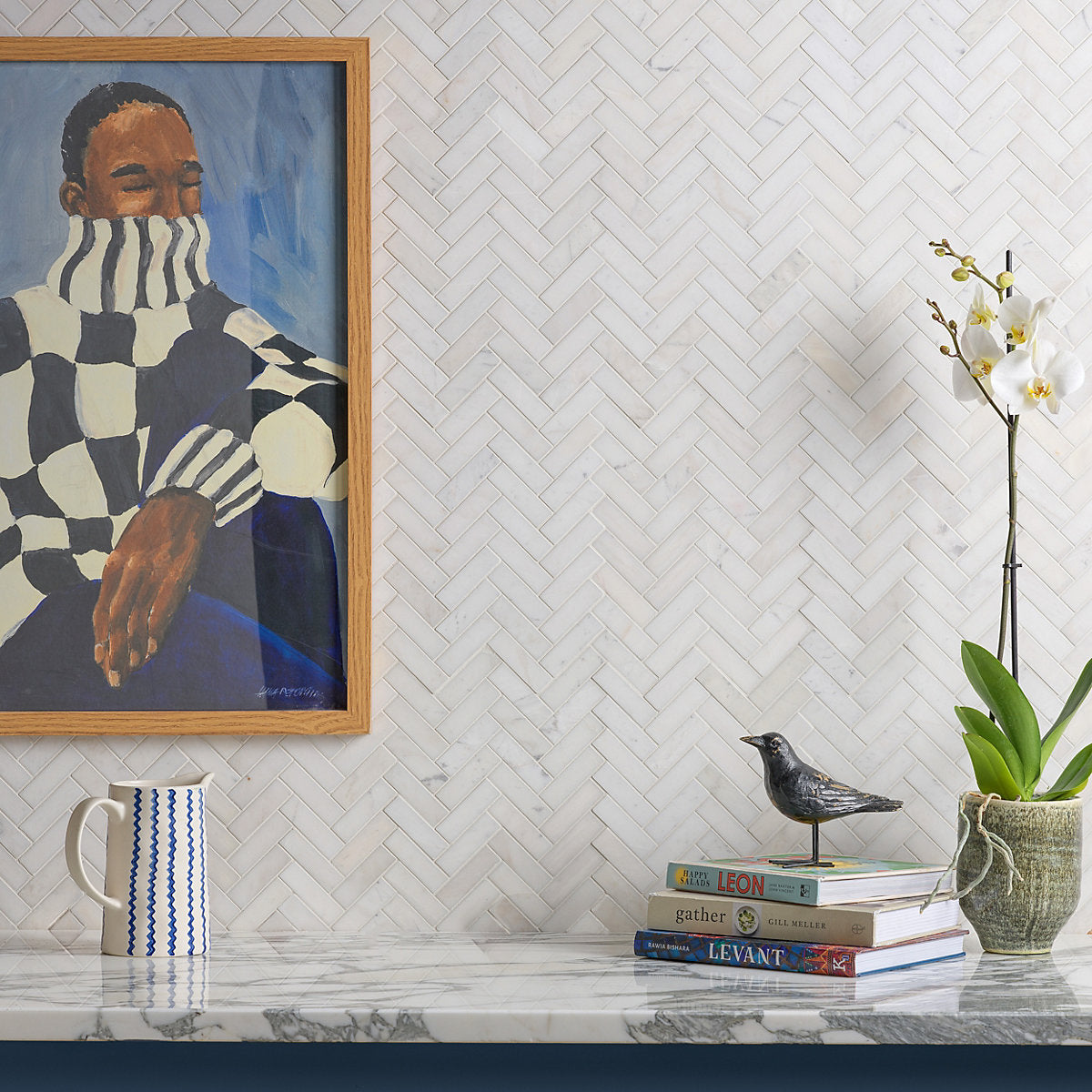 Ca’Pietra Athena White Satin Herringbone Marble Indoor Wall & floor & wall tile, (L)283mm (W)281mm