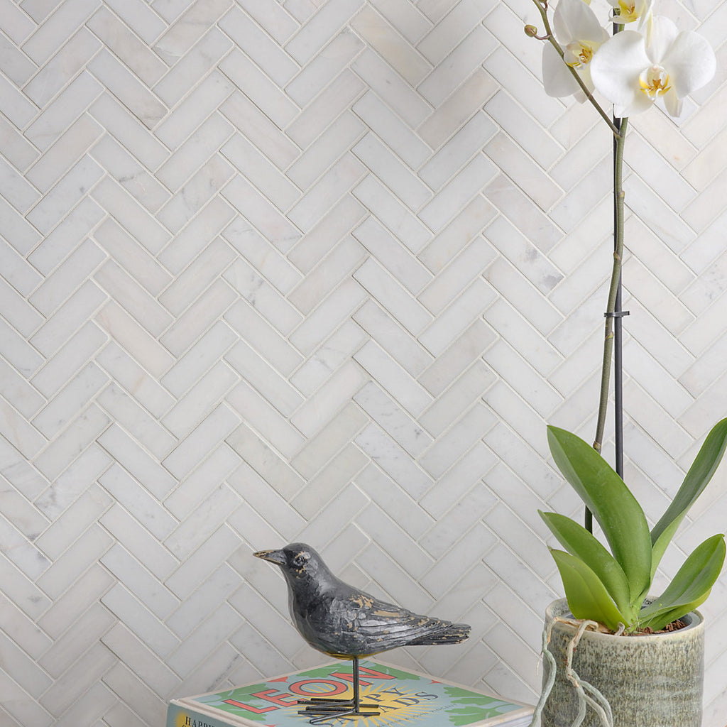 Ca’Pietra Athena White Satin Herringbone Marble Indoor Wall & floor & wall tile, (L)283mm (W)281mm
