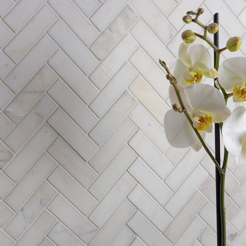Ca’Pietra Athena White Satin Herringbone Marble Indoor Wall & floor & wall tile, (L)283mm (W)281mm