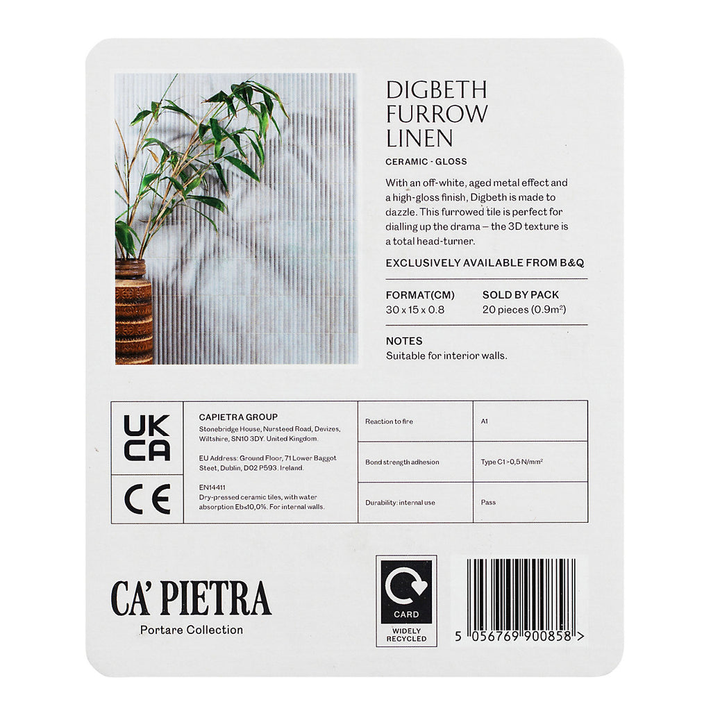Ca’Pietra Digbeth Cream Gloss Furrow Metallic effect Embossed Ceramic Indoor Tile Card mounted sample