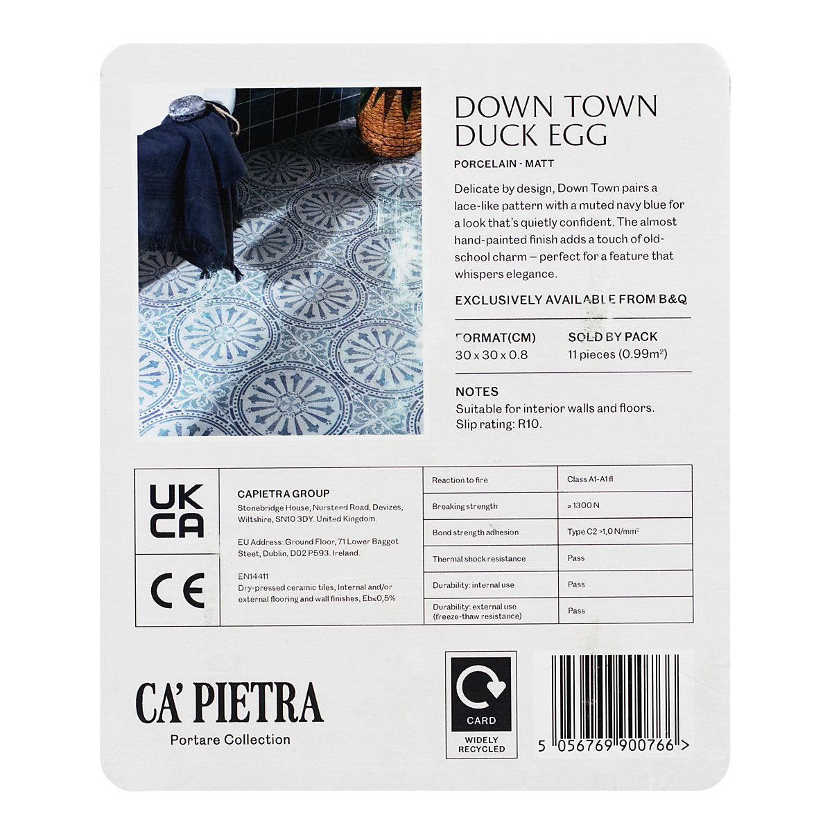 Ca’Pietra Down Town Duck Egg & White Matt Porcelain Indoor Wall & floor Tile Card mounted sample