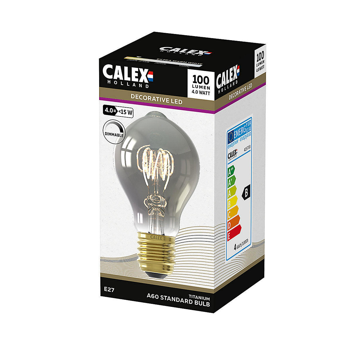 CALEX Titanium Flex E27 4W 100lm 360° Smoke A60 Extra warm white LED Dimmable Filament Light bulb