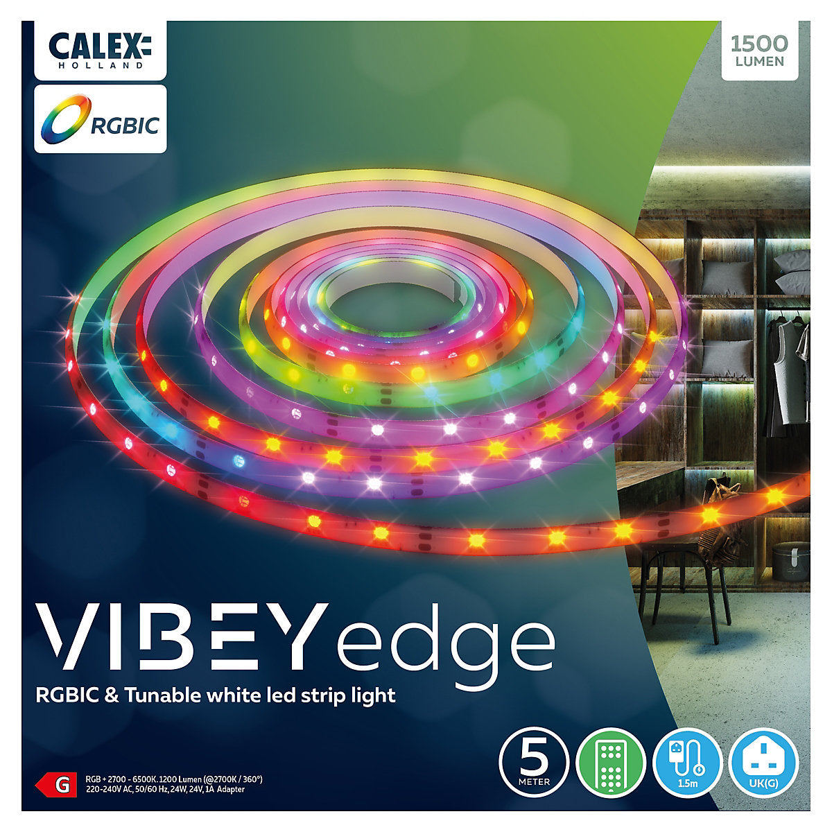 CALEX Vibey Edge Mains-powered LED RGB & tunable white Strip light IP20 1500lm (L)5m