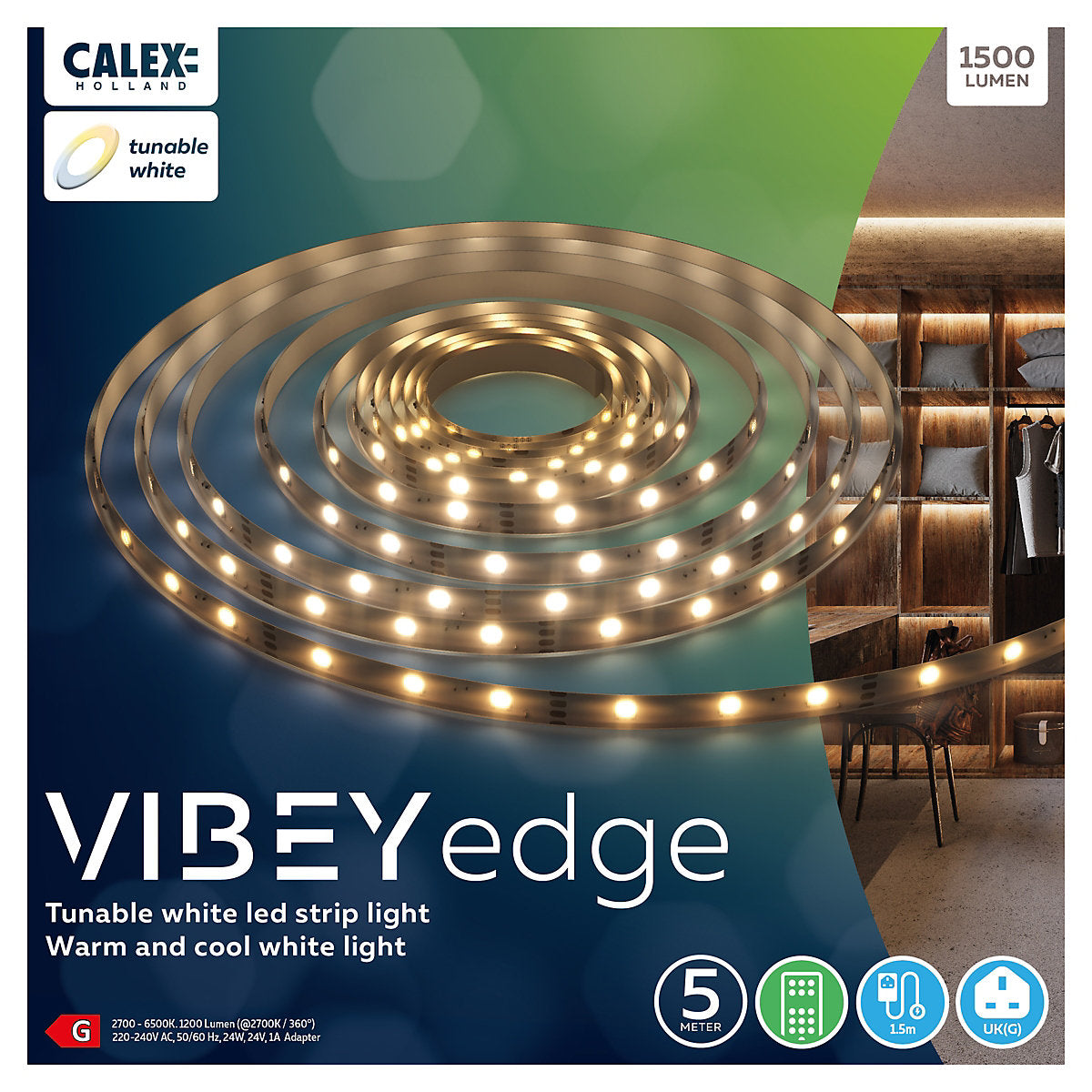 CALEX Vibey Edge Mains-powered LED Tunable white Strip light IP20 1500lm (L)5m