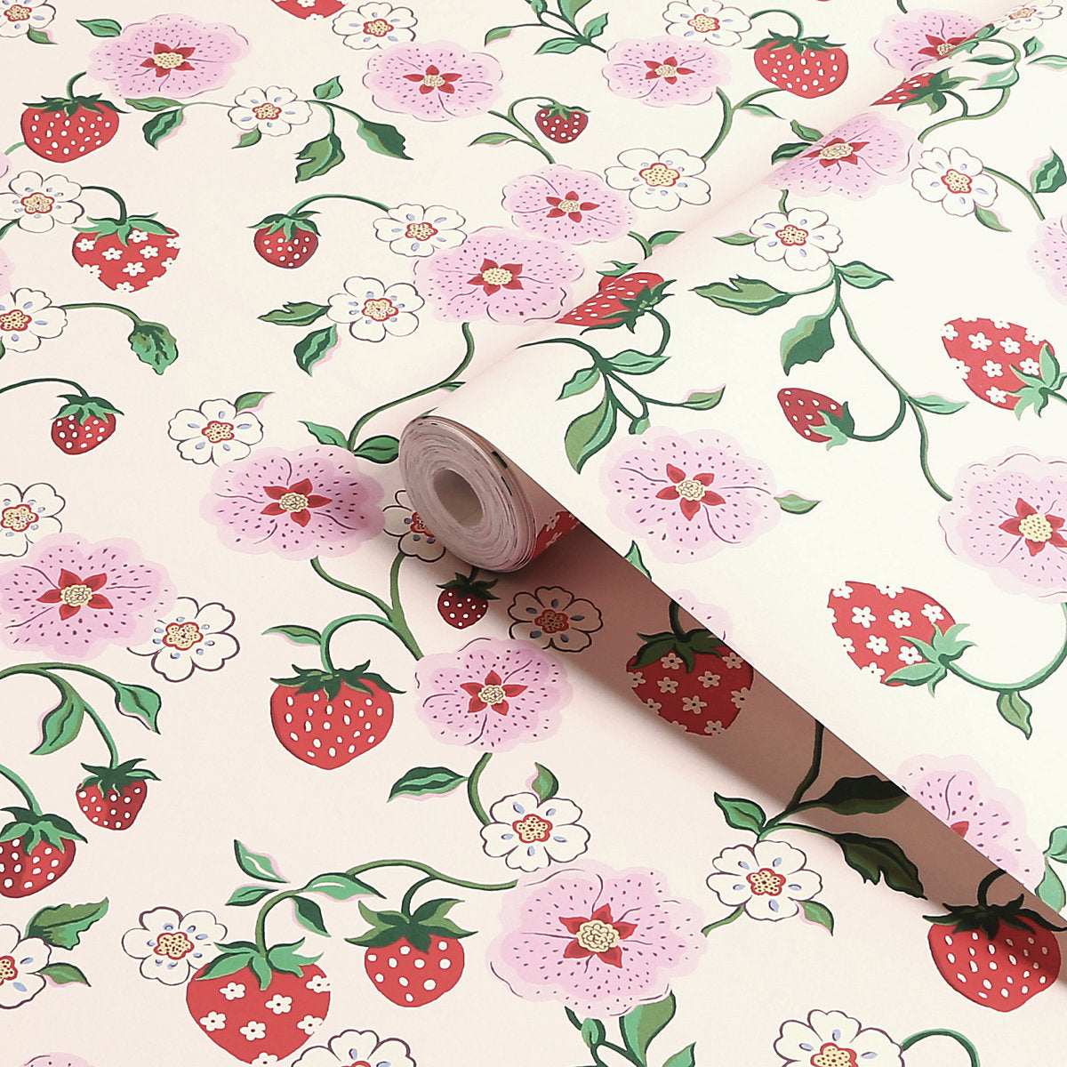 Cath Kidston Cream & Pink Strawberry Spring Patterned Smooth Wallpaper
