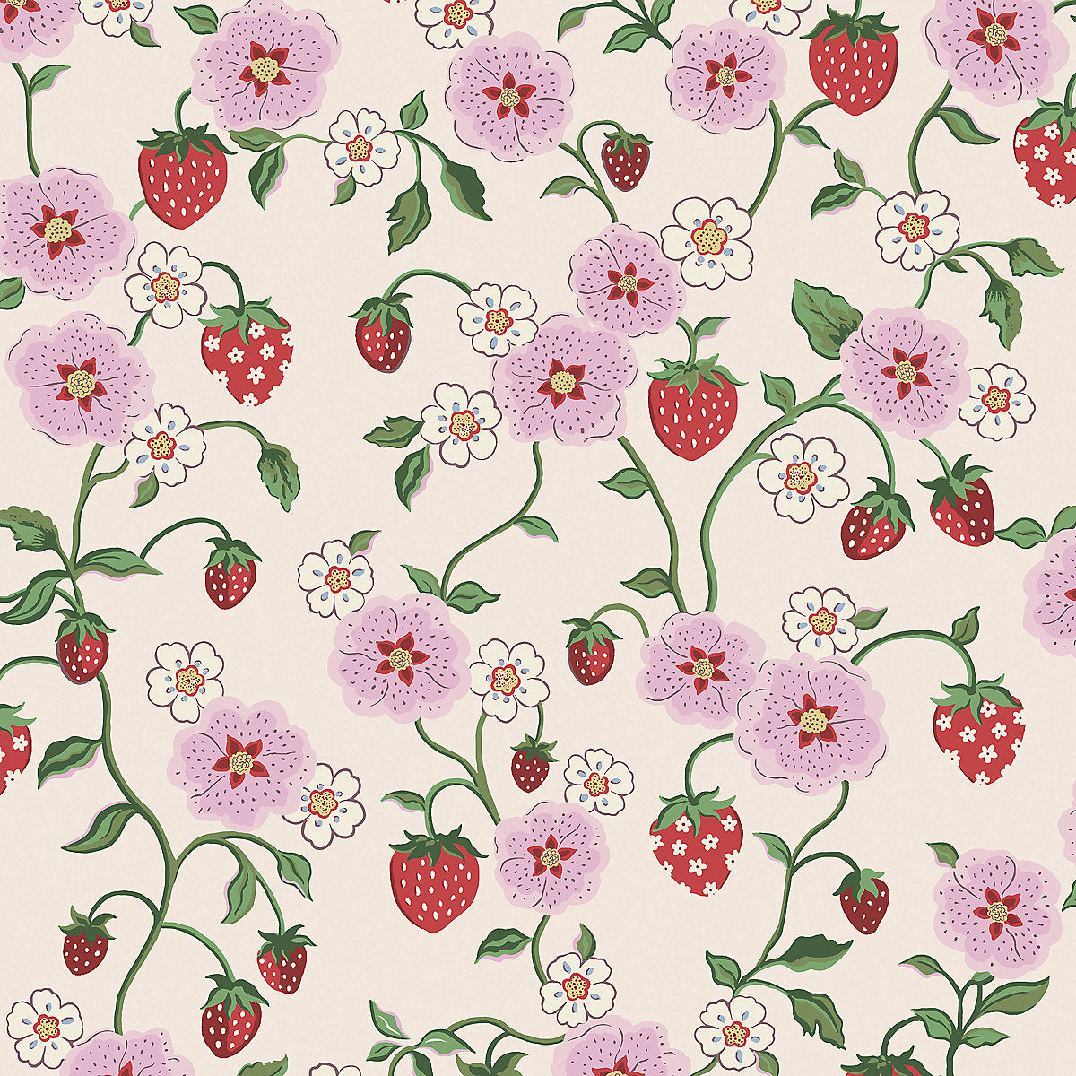 Cath Kidston Cream & Pink Strawberry Spring Patterned Smooth Wallpaper