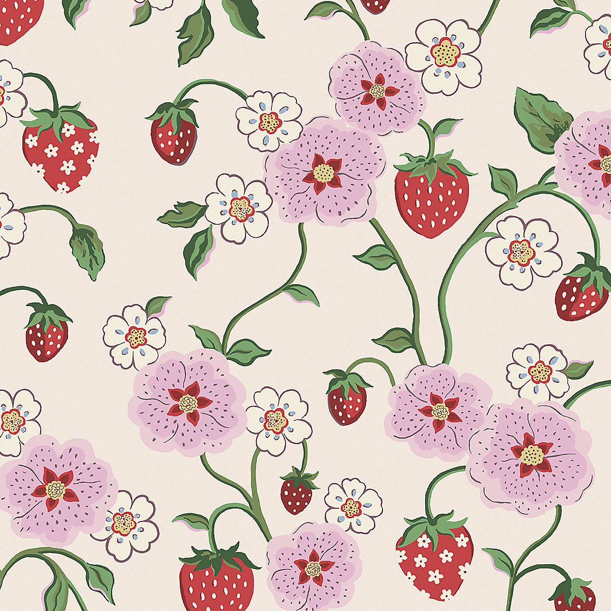Cath Kidston Cream & Pink Strawberry Spring Patterned Smooth Wallpaper