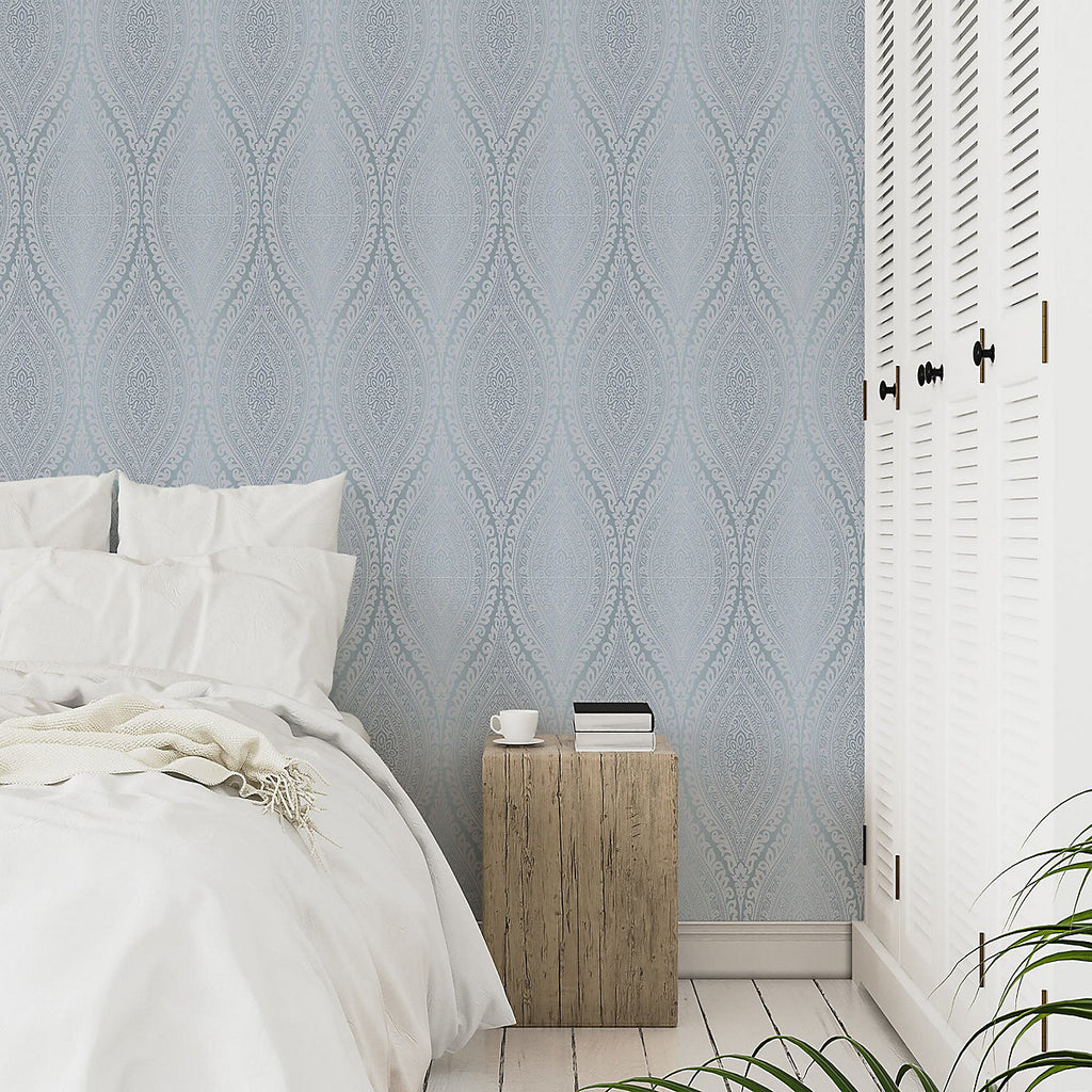 Celosi Blue Damask Metallic effect Classic Textured Wallpaper
