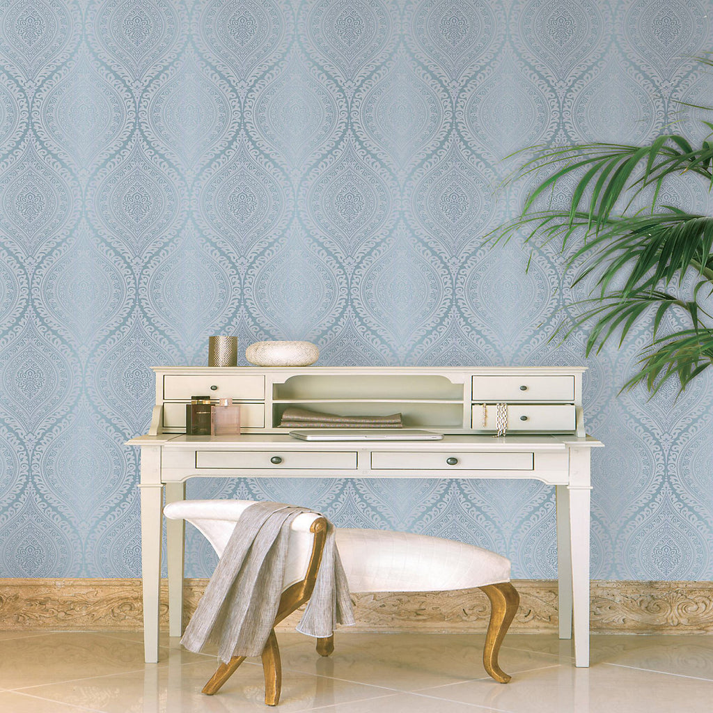Celosi Blue Damask Metallic effect Classic Textured Wallpaper