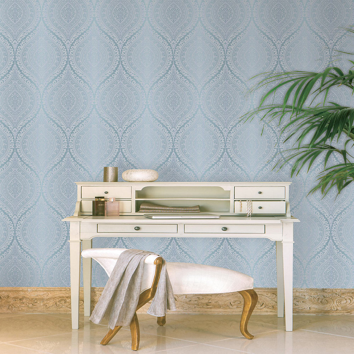Celosi Blue Damask Metallic effect Classic Textured Wallpaper