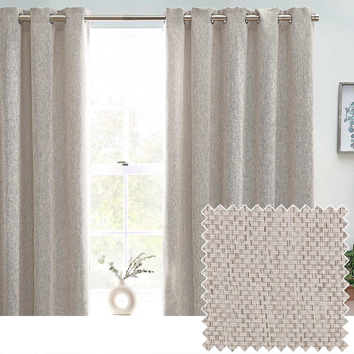 Clara Neutral Woven Lined Eyelet Curtains (W)167cm (L)228cm, Pair