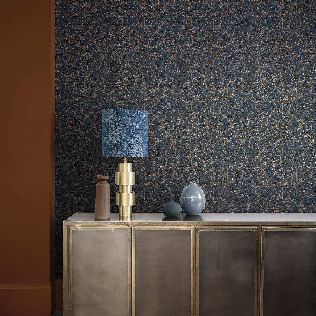 Clarissa Hulse Gypsophila Midnight & Copper effect Smooth Wallpaper