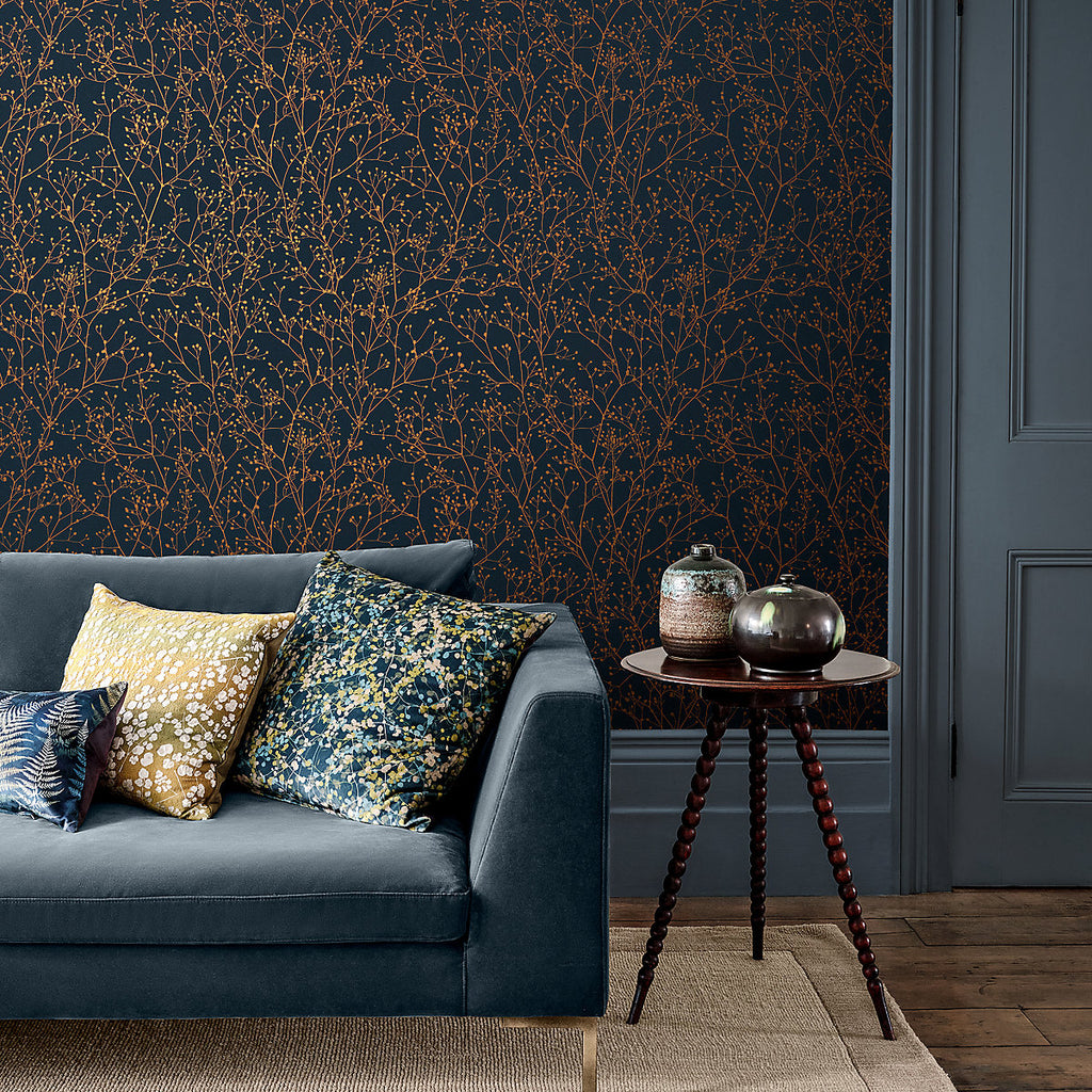 Clarissa Hulse Gypsophila Midnight & Copper effect Smooth Wallpaper