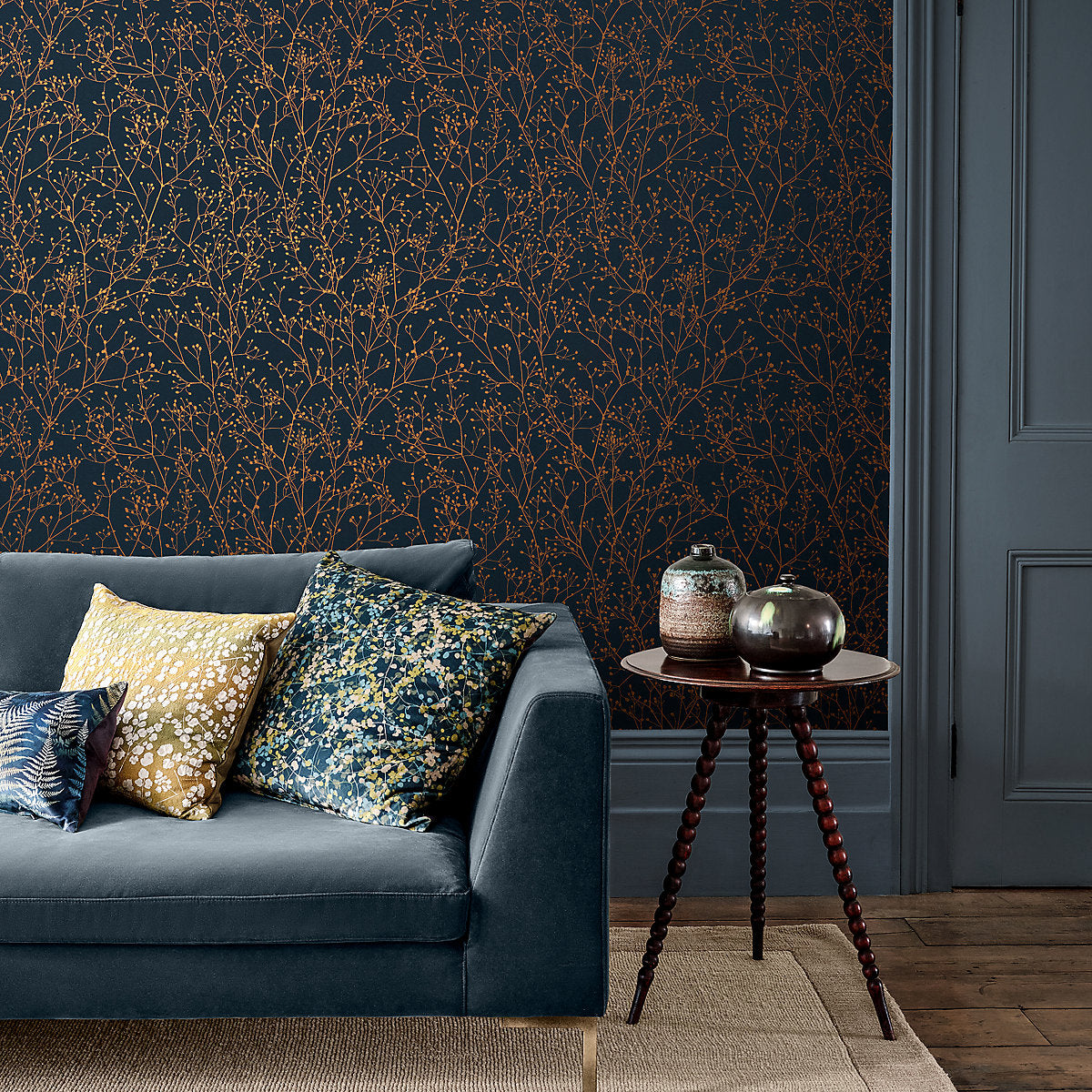Clarissa Hulse Gypsophila Midnight & Copper effect Smooth Wallpaper