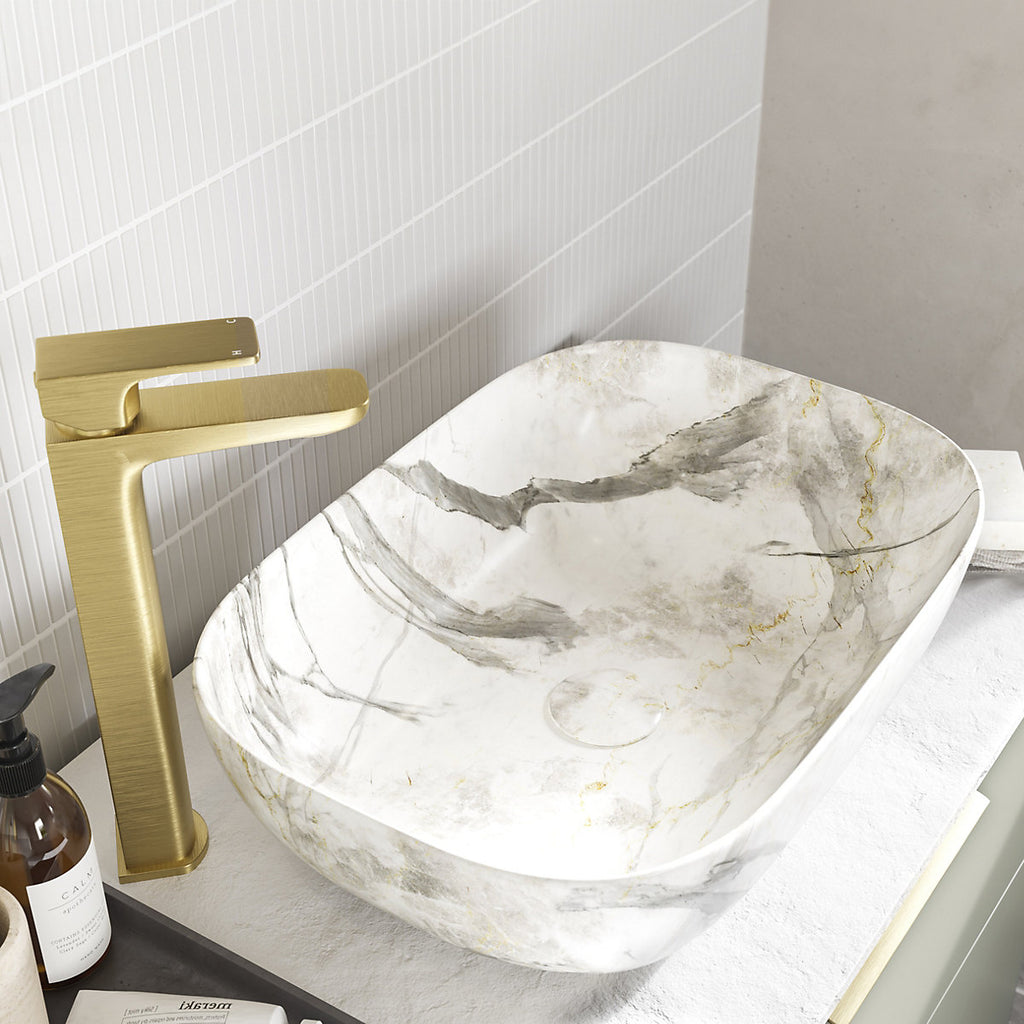 * Collingham White Marble effect Rectangular Single Counter top Basin (W)46cm