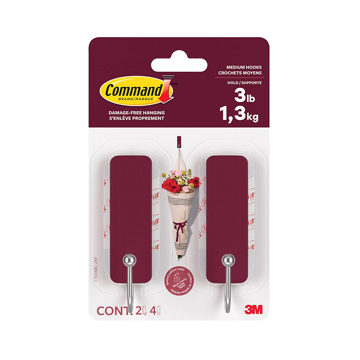 Command Black Cherry Metal Medium Single Hook (H)94mm (W)25mm, Pack of 2