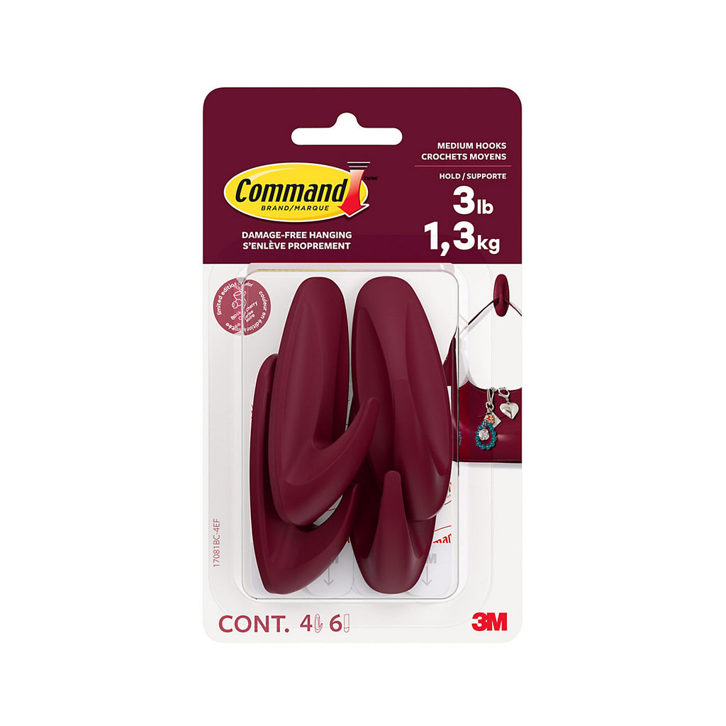 Command Black Cherry Plastic Medium Single Hook (H)80mm (W)29mm, Pack of 4