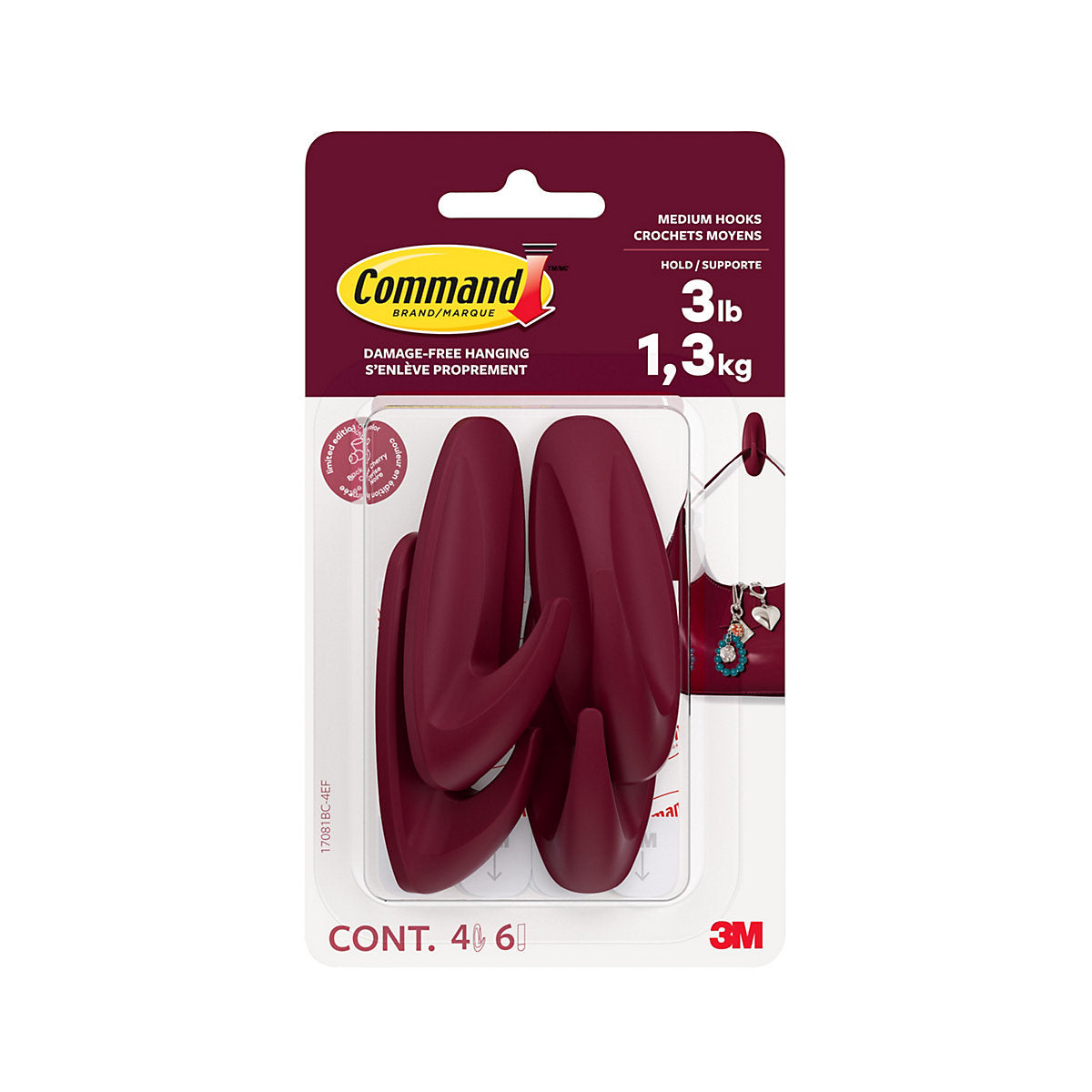 Command Black Cherry Plastic Medium Single Hook (H)80mm (W)29mm, Pack of 4