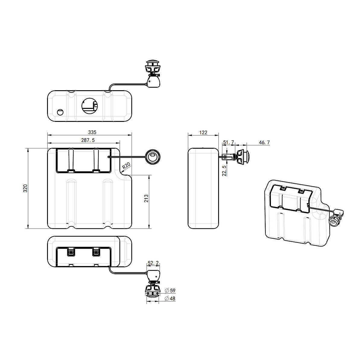 * Concealed Bottom inlet Dual Cistern (H)32cm (W)33.5cm (D)12.2cm