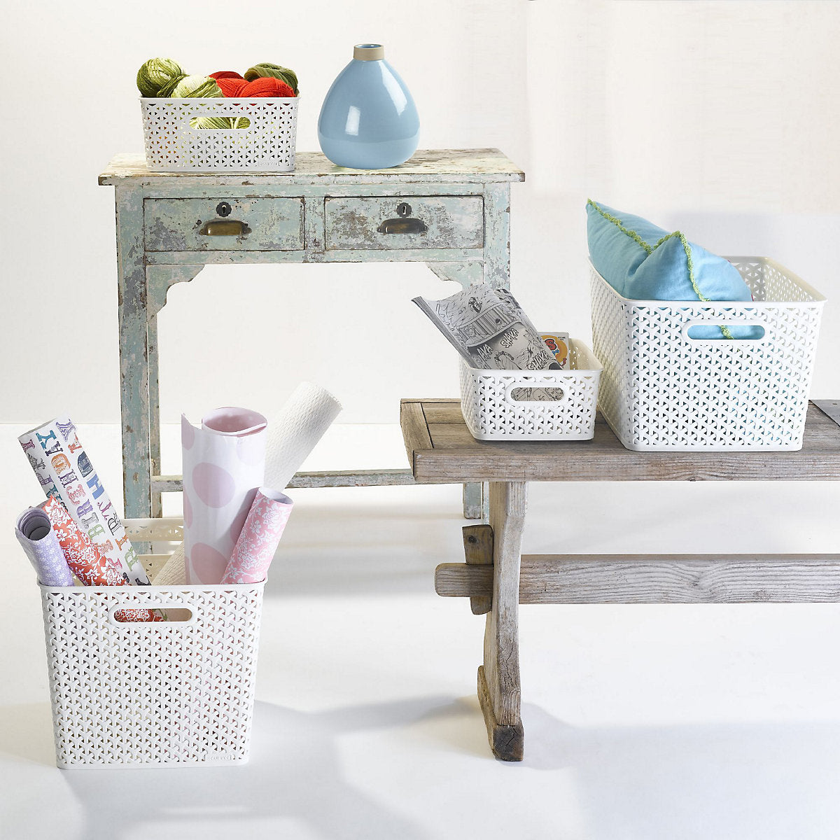 Curver My style Rattan Effect White rattan effect Plastic Large Stackable Storage basket (H)22cm (W)30cm (D)22cm