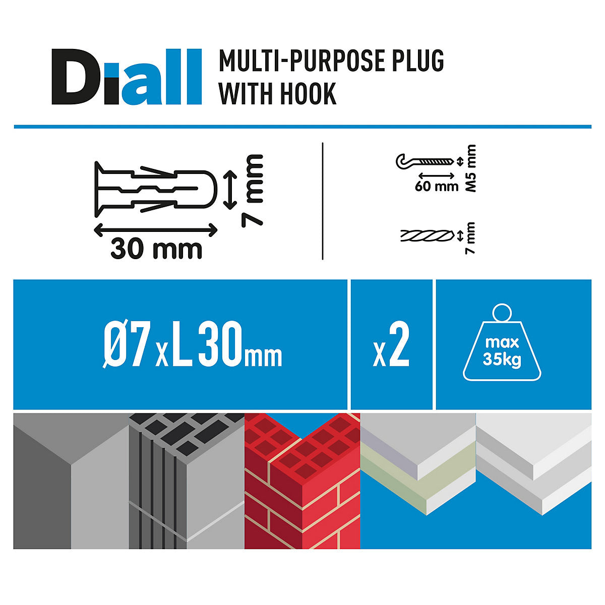 Diall Brown C Hook with wall plug (Dia)7mm (L)30mm, Pack of 2