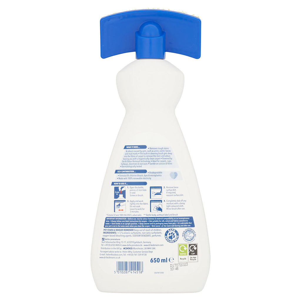 Dr Beckmann Pet Stain remover, 650ml Bottle with applicator brush