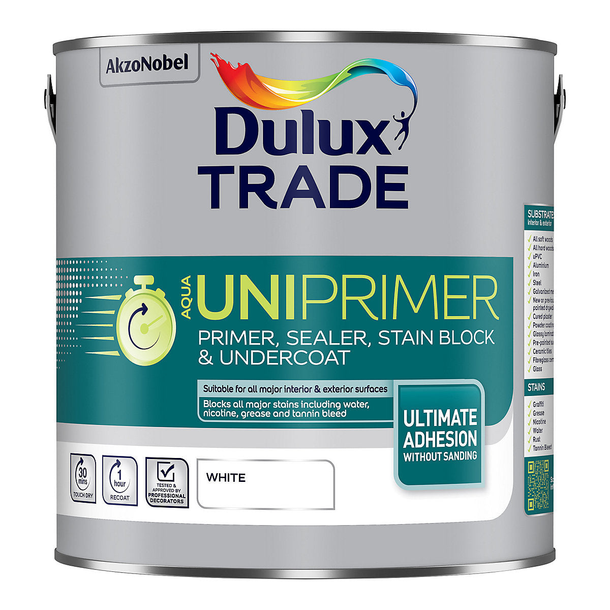 Dulux Trade Aqua Uniprimer White Multi-surface Primer, sealant & stain block, 2.5L Tin