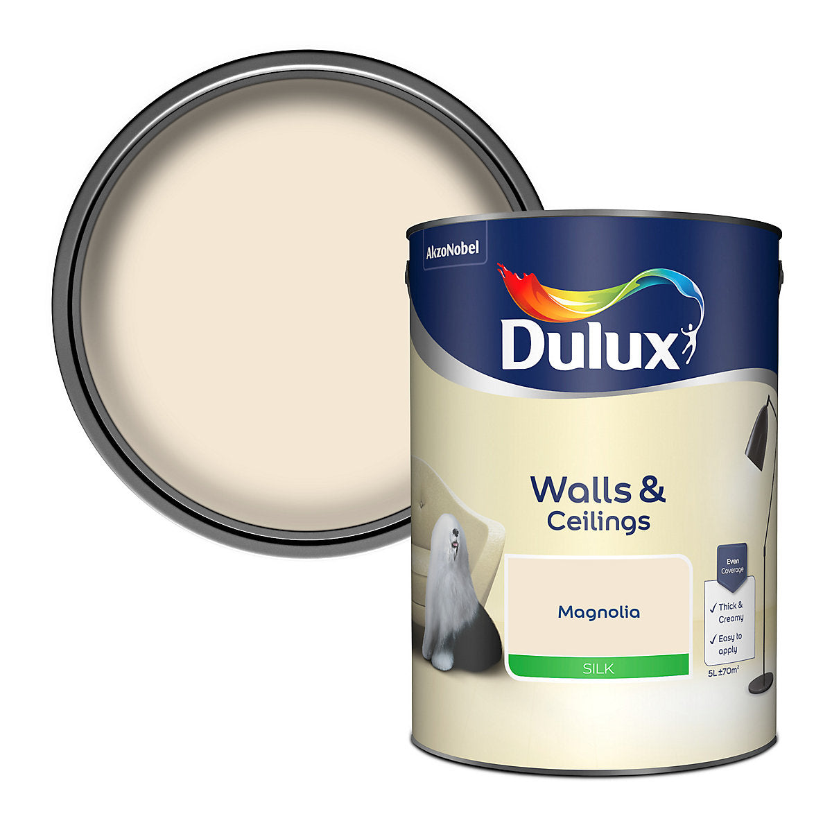 Dulux Walls & Ceilings Magnolia Silk Emulsion paint, 5L