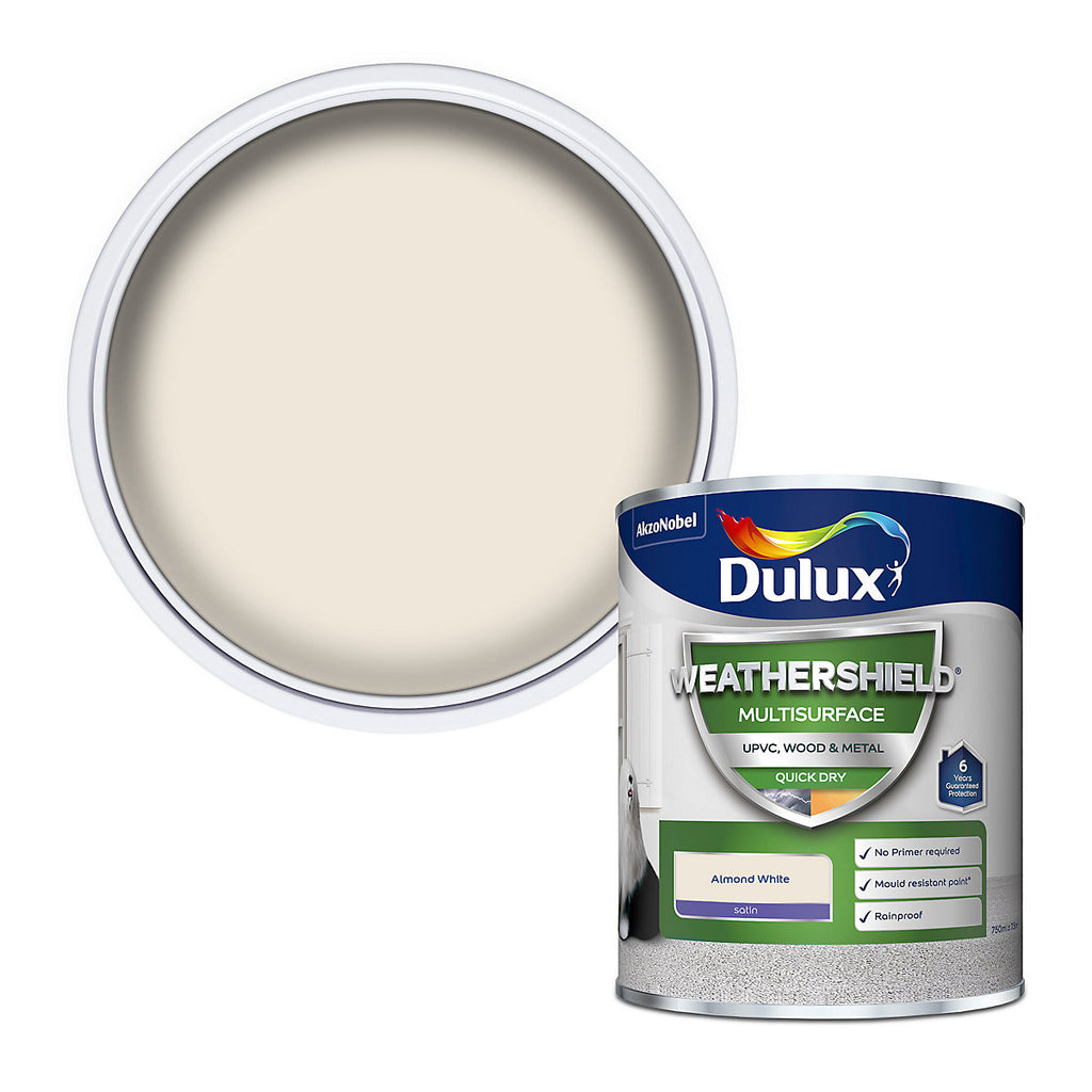 Dulux Weathershield Almond White Satinwood Multi-room Metal, plastic & wood Multi-surface paint, 750ml