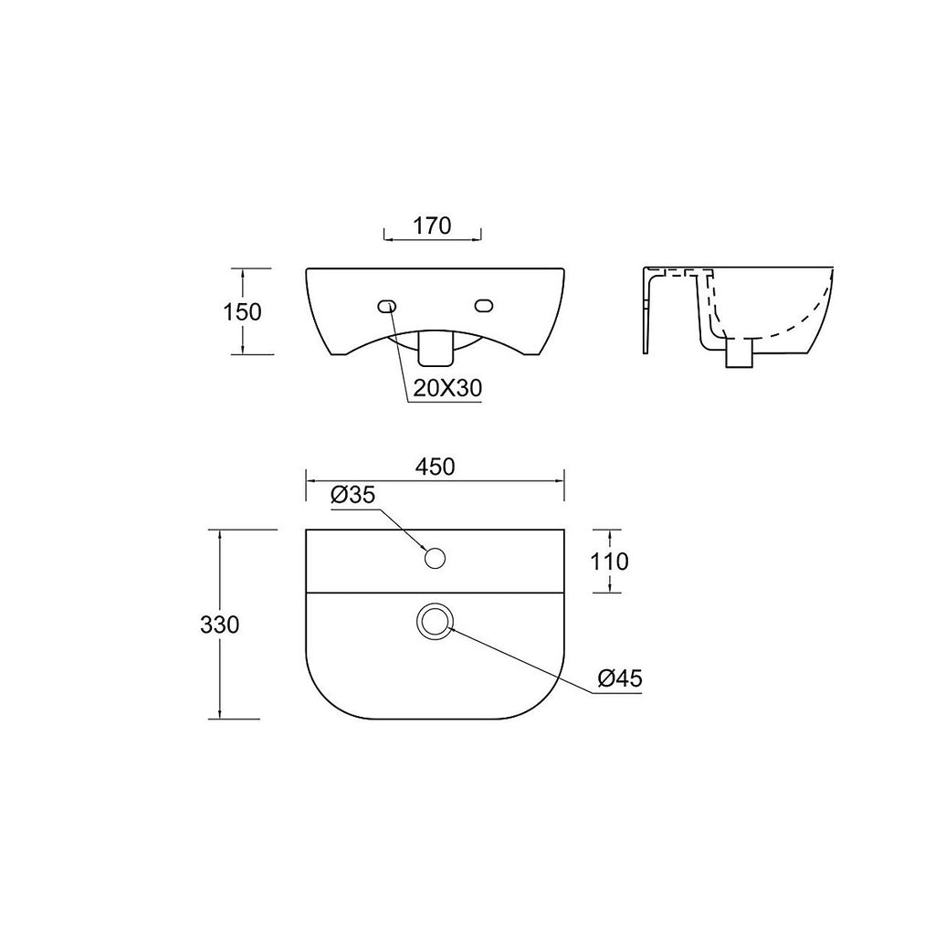 * Durleigh Gloss White Rectangular Wall-mounted Single Cloakroom Basin with Matt Black Bottle Trap (W)45cm