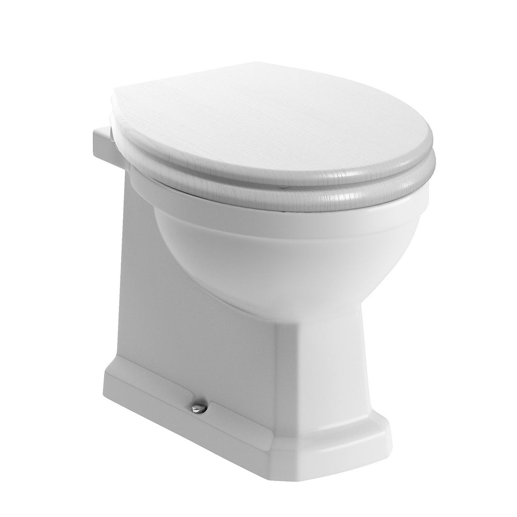 * Essentials Somerton White Boxed rim Back to wall Square Toilet pan with Soft close seat